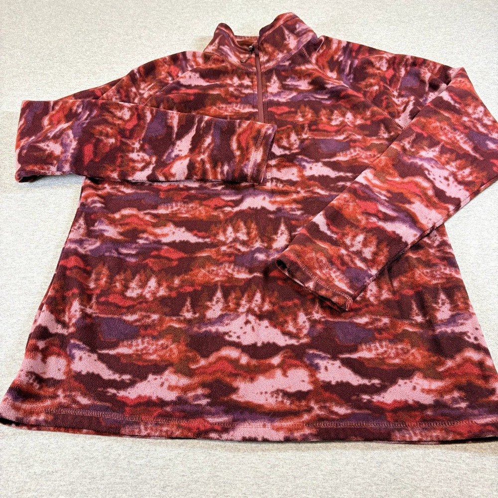 Eddie Bauer Fleece Pullover Women TL Pink Purple Abstract Forest Print 1/4 Zip